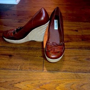 Steve Madden cognac-leather wedges, gently used, size 10